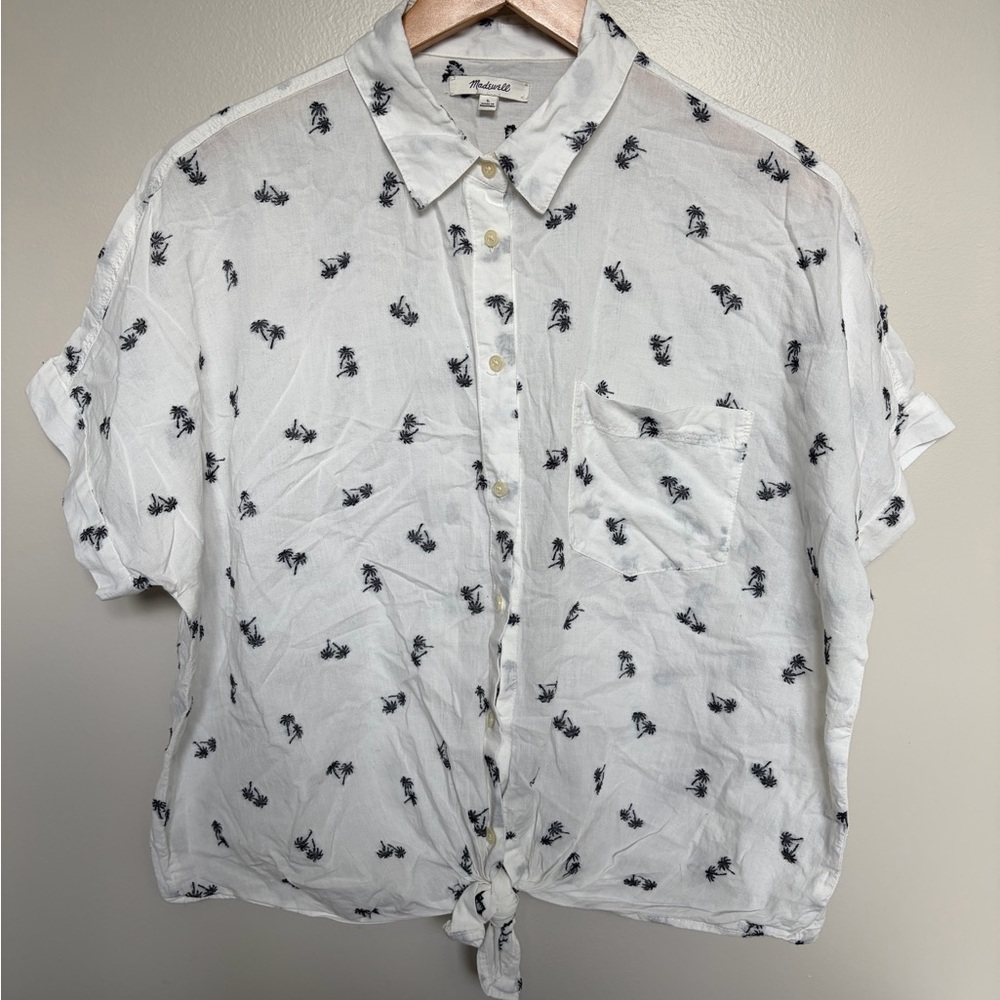 Madewell White Button-Up Short Sleeve Shirt with Black Palm Print